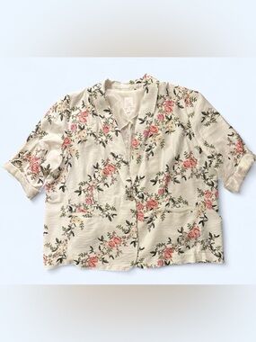LC Lauren Conrad Cream Floral Short-Sleeve Blazer with Pink Roses